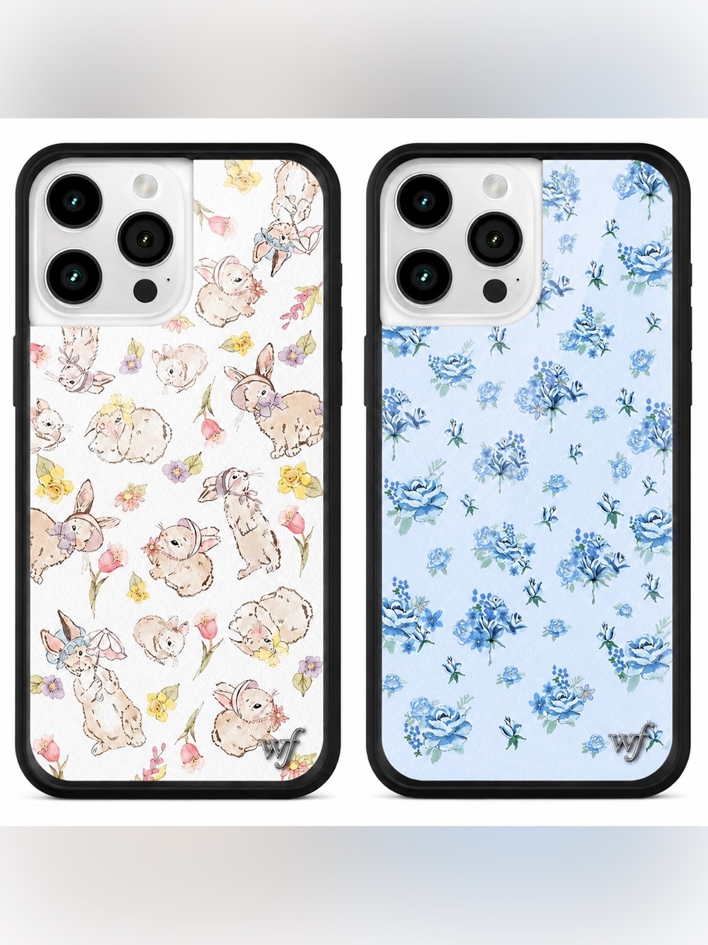 2 Wildflower iPhone 15 Phone Cases - Forget Me Not Floral & Bunnies in Bonnets